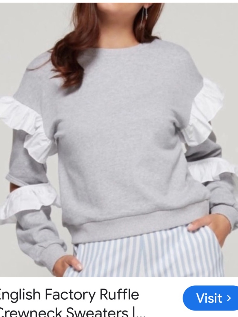 8/$20 English Factory sweatshirt Light Gray with White Ruffle Sleeves XS EU